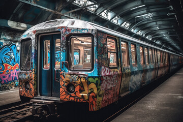Obraz premium old tram in the city with graffiti created with Generative AI technology