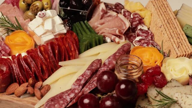 Charcuterie and cheese platter rotates smoothly around its axis. Appetizers boards with assorted cheese, salami, ham, grape and nuts. Video is looped
