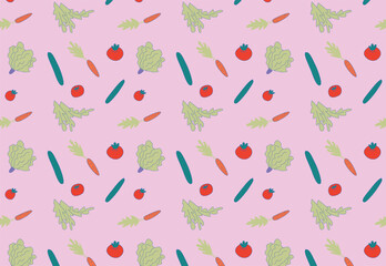 Seamless pattern of tomato, carrot, cucumber and lettuce. Vector pattern of vegetables. Modern flat illustration.
