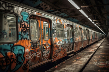 Obraz premium old tram in the city with graffiti created with Generative AI technology