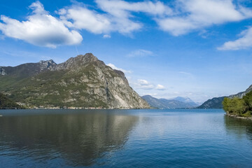 Fototapeta na wymiar Como lake in Italy, view from Lecco, with Bellagio and mountains in background 