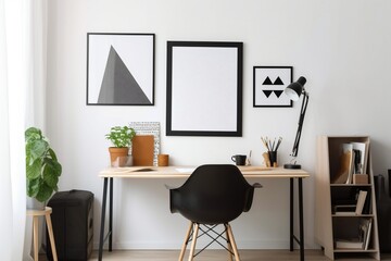 mock up poster frame in modern and simple working space interior background 