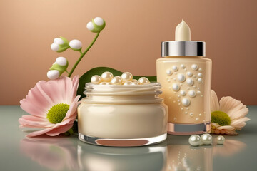 Fototapeta na wymiar Beauty cosmetics for face and body care. 3d photo realistic background, generative ai illustration