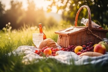 picnic basket with fruits and wine in summer