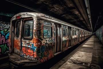 Obraz premium old tram in the city with graffiti created with Generative AI technology