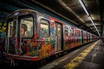 Obraz premium old tram in the city with graffiti created with Generative AI technology