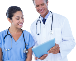 Smiling male doctor with nurse using digital tablet