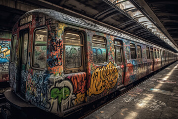 Fototapeta premium old tram in the city with graffiti created with Generative AI technology
