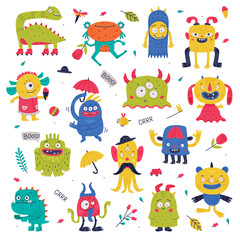 Fototapeta premium Funny Monster with Horns and Toothy Mouth Vector Set