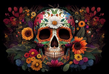 A sugar skull with a garden theme, viewed from the front on a floral background. Generative AI