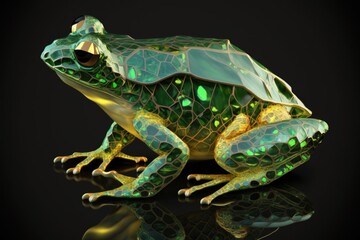 A green frog on a black background with reflection, created with generative ai