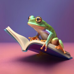 Funny frog reading book on a pastel gradient background.  banner for world book day, reading month or national reading day, created with generative AI	