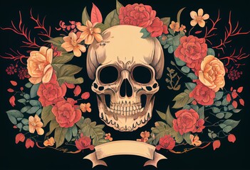Skull And Flowers Day Of The Dead, Vintage Illustration. Elegant Tattoo Design. Gothic Style. Generative AI