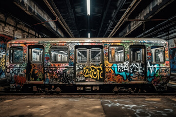 old tram in the city with graffiti created with Generative AI technology - obrazy, fototapety, plakaty