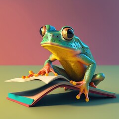 illustration of funny frog with book on pink and blue background. created with generative ai