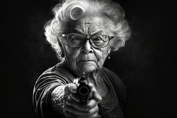 Portrait of a gun-wielding grandmother with gray hair. Generative ai