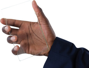 Close up of hand holding transparent glass interface