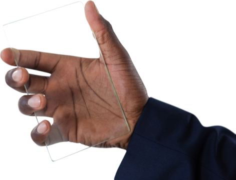 Close up of hand holding transparent glass interface