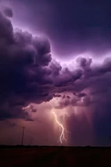 Fotobehang lightning lights up the sky with a purple sky, and purple clouds © Fernando