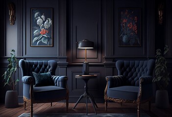 Dark room with accents, blue navy armchairs. Generative AI