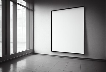 Fototapeta premium An empty advertising billboard frame on the wall of an office, signifying the concept of advertising propaganda and empty space. Generative AI