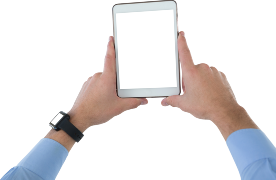 Cropped hands on businessman holding digital computer - Powered by Adobe