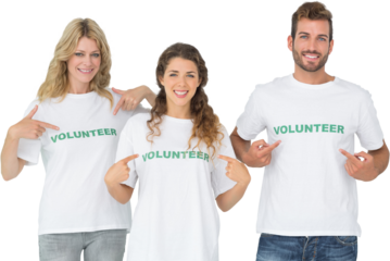 Portrait of three happy volunteers pointing to themselves