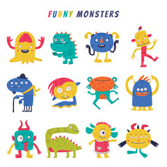 Funny Monster with Horns and Toothy Mouth Vector Set