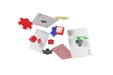 3D image of casino tokens with playing cards and dice