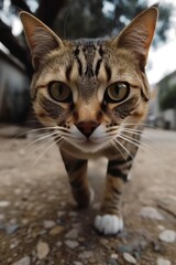 Naklejka premium Digital AI Captures Mesmerizing Closeup of a Curious Cat Walking Toward the Camera