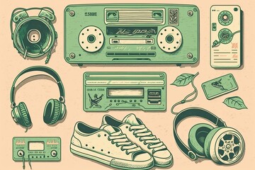 Classic 80s modern stickers flat layout over beige background. Generative Ai.