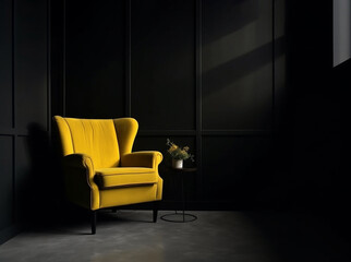 Generative ai interior design dark room with bright yellow armchair