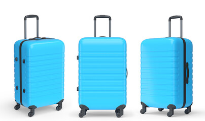Set of luggage with beach accessories for summer holidays on white background.
