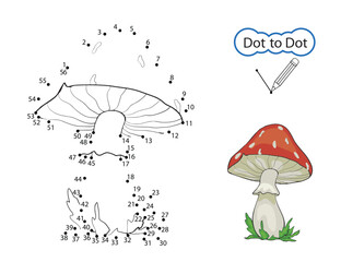 Dot to dot game. Finish the image of mushroom. Kids drawing riddle on activity page and coloring book. Drawn by numbers. Children education worksheet. Vector illustration.