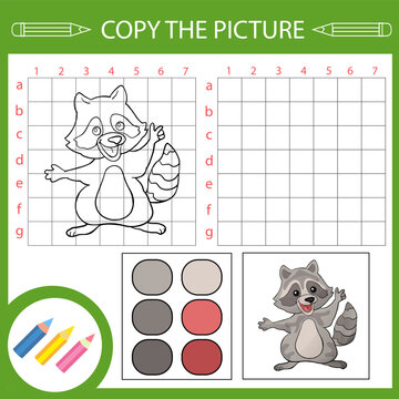 Kids activity page and draw worksheet. Copy the picture of cute raccoon. Vector education game. Children art drawing lesson.