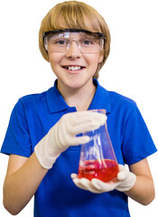 Boy smiling while holding conical flask
