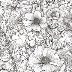 Floral Line Drawing Seamless Repeat Pattern. Generative AI.
