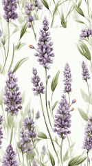 Fototapeta premium Lavender Flowers on White Background Seamless Repeat Pattern. Generative AI.