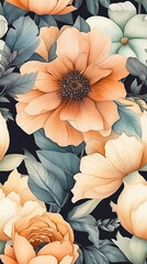 Peach and Steel Watercolor Flowers Seamless Repeat Pattern. Generative AI.