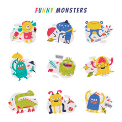 Fototapeta premium Funny Monster with Toothy Mouth and Horns Making Boo and Holding Umbrella Vector Set