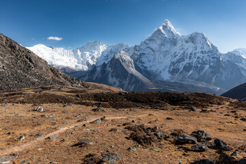 Three passes trek trail leading through the valley towards west face of Ama Dablam
