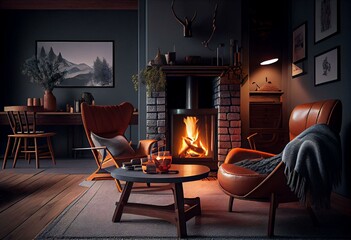 Cozy living room with fireplace, table, chairs, lamp, and armchair. Generative AI
