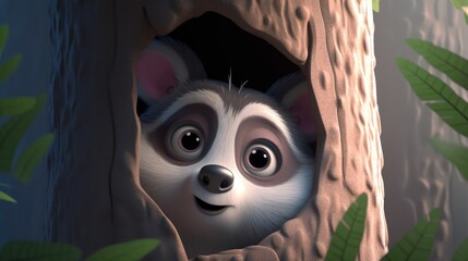 A curious, cute raccoon peeking out from behind a tree, its eyes wide with wonder, feeling inquisitive and alert in a pastel - colored illustration. 3d illustration. Generative ai.