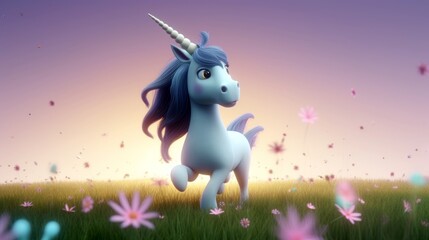 A dreamy, cute unicorn prancing through a magical meadow filled with twinkling stars, feeling enchanting and whimsical in a pastel - colored illustration. 3d illustration. Generative ai.