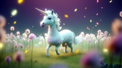 A dreamy, cute unicorn prancing through a magical meadow filled with twinkling stars, feeling enchanting and whimsical in a pastel - colored illustration. 3d illustration. Generative ai.