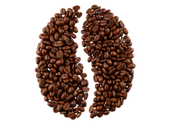 Delicious coffee beans in the form of a big coffee bean, cut out