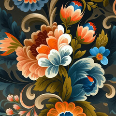 Fototapeta na wymiar Petrykivka painting style flowers pattern. Created with generative AI tools