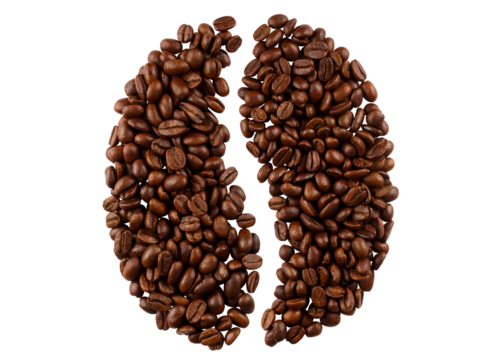 Delicious coffee beans in the form of a big coffee bean, cut out