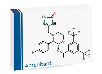 Aprepitant drug molecule. It is used to treat nausea and vomiting caused by chemotherapy and surgery. Skeletal chemical formula. Paper packaging for drugs
