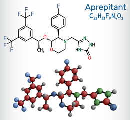 Aprepitant drug molecule. It is used to treat nausea and vomiting caused by chemotherapy and surgery. Structural chemical formula, molecule model.